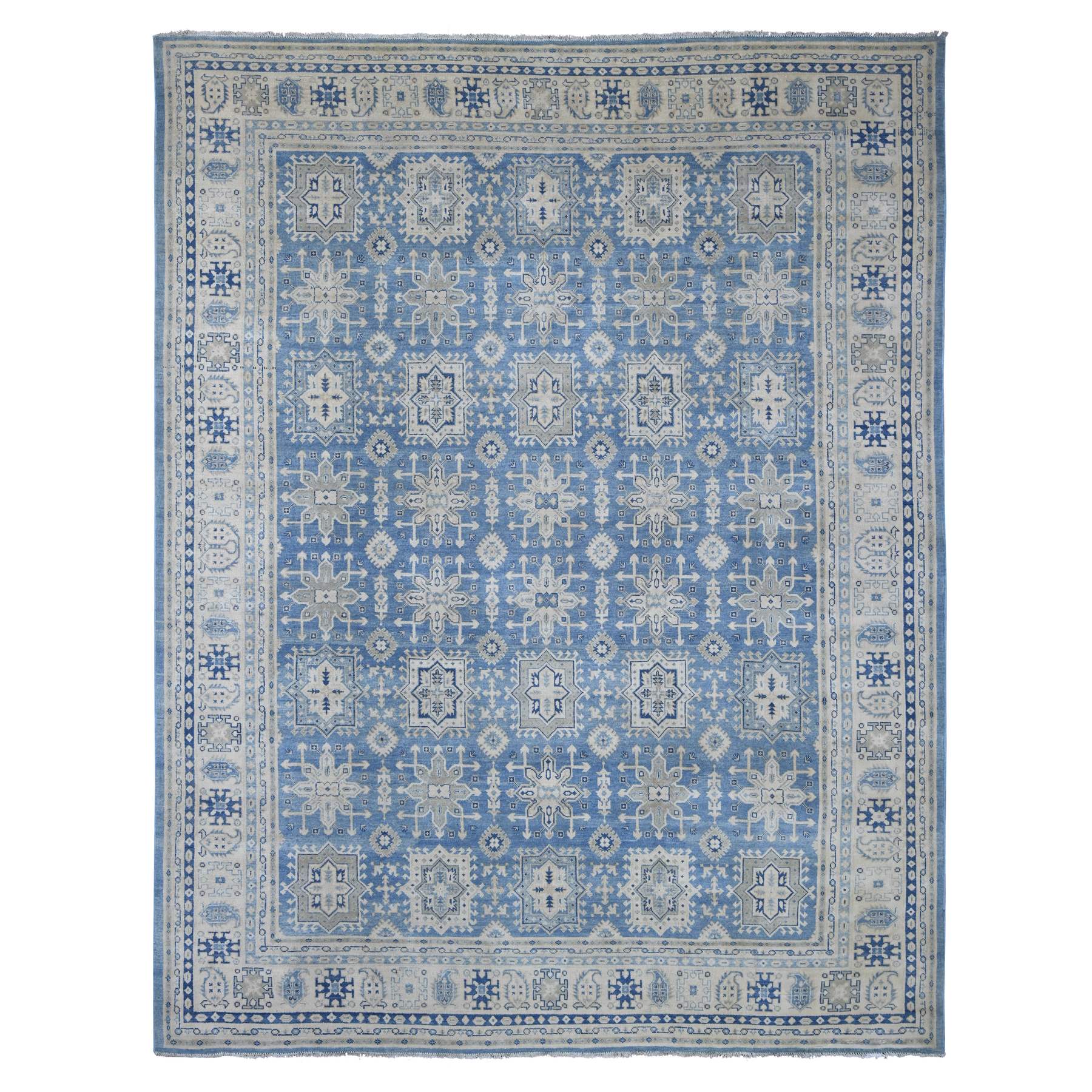 8'10"x11'6" Yonder Blue, Vintage Look Kazak with Geometric Medallions Design, 100% Wool, Hand Knotted, Natural Dyes, Oriental Rug 